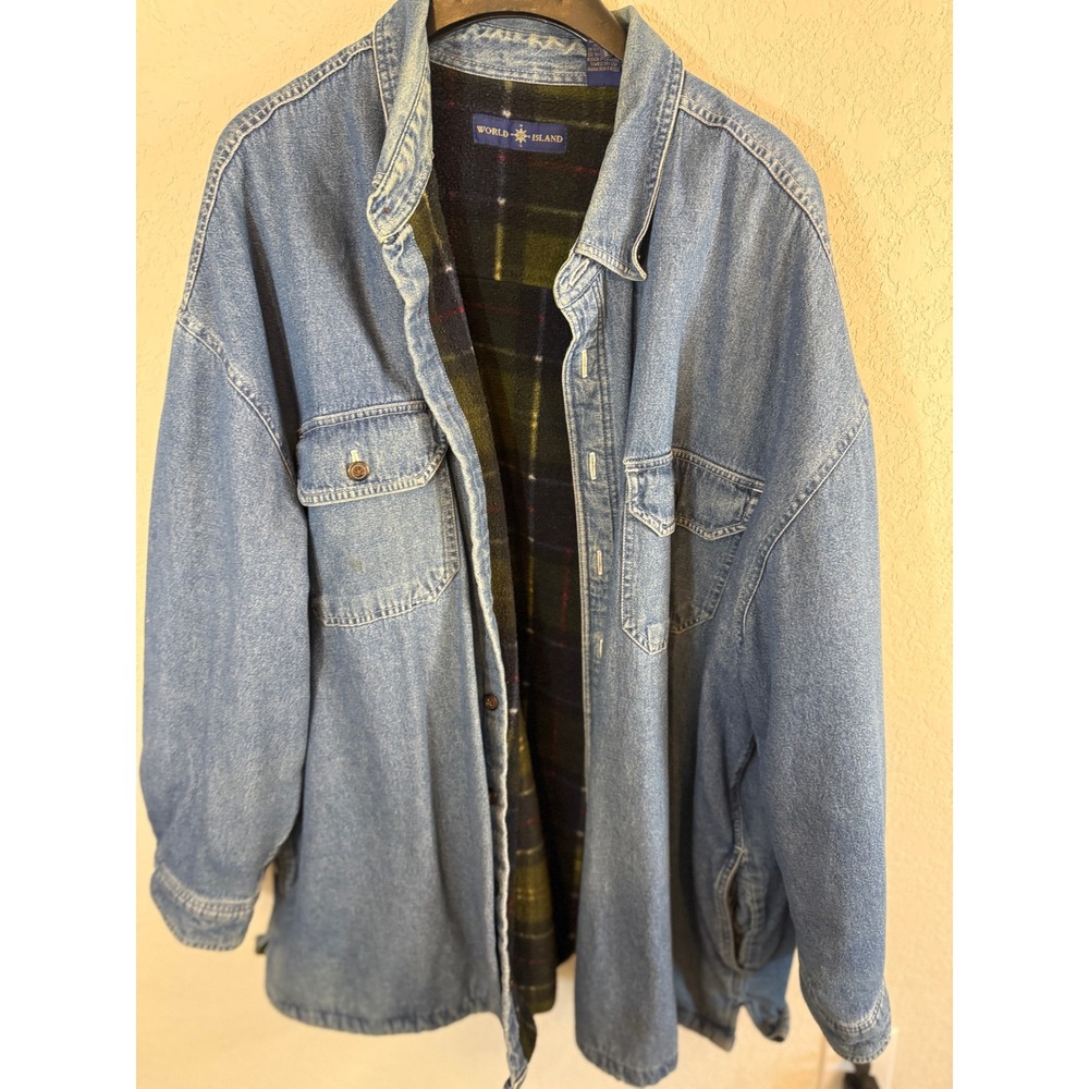 World Island Mens 2XL Denim Shirt Jacket Plaid Fleece Lined Blue‎ Medium Wash